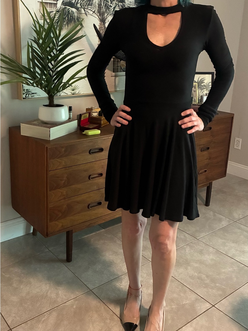 Black Long-Sleeve Cutout Skater Dress - Women